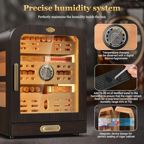 Cigar Humidor, 4 Side Windows humidor Cigar Box, Cedar Wood Drawer Humidor, with LED Lighting System, Digital Thermometer and 2 Cigar Humidifiers, Glass Top Cigar Case for 80-120 Cigars - Image 7
