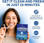 Individual wrapped effervescent dental pod cleaning tablets for night guards.
