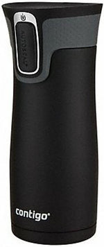Contigo black and stainless steel travel mug lifestyle flatlay