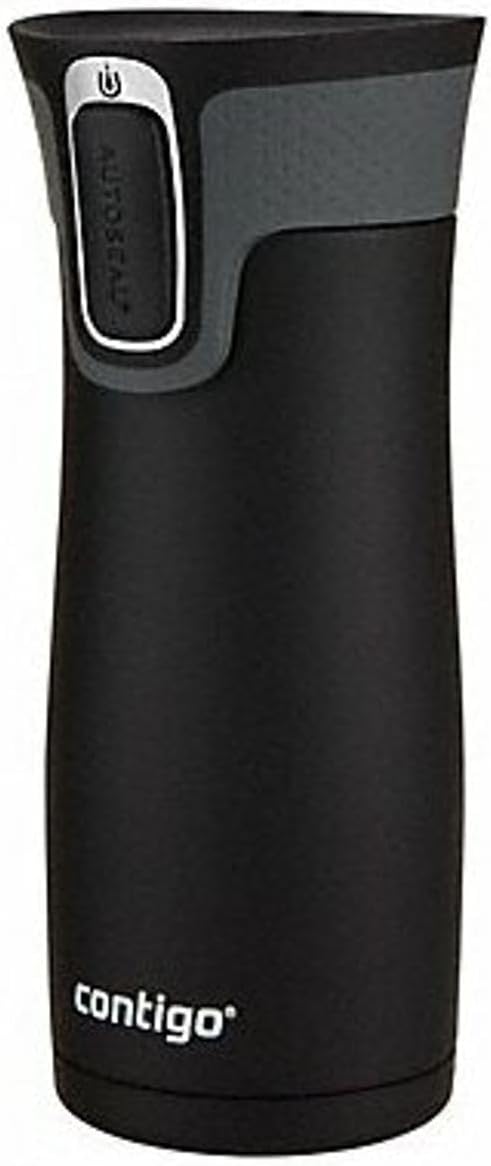 Contigo black and stainless steel travel mug lifestyle flatlay