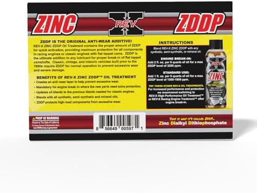Rev X Zinc oil additive packaging showing high performance formula