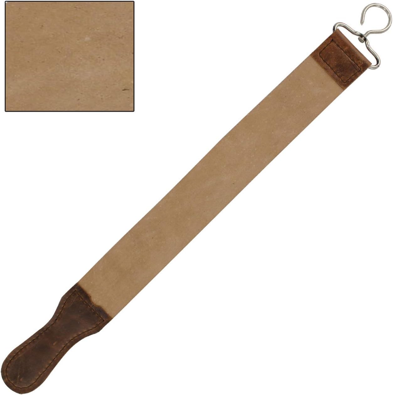 Armory Replicas 23-Inch Handmade Leather Razor Strop front view showcasing dual-sided texture for straight razor sharpening