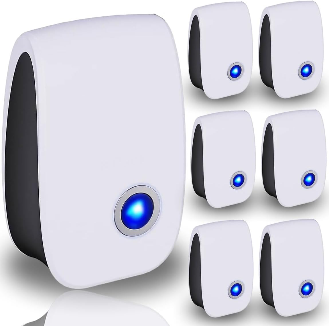 Ariie Ultrasonic Pest Repeller 6 pack front view with blue LED light.