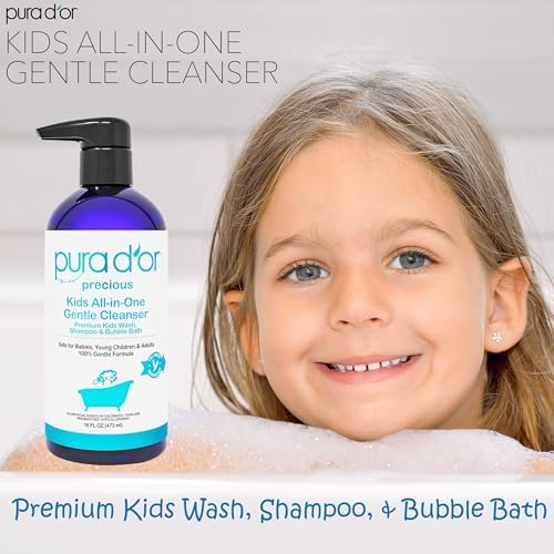 Top down view of Pura D'or Kids all-in-one gentle cleanser 16 ounce bottle