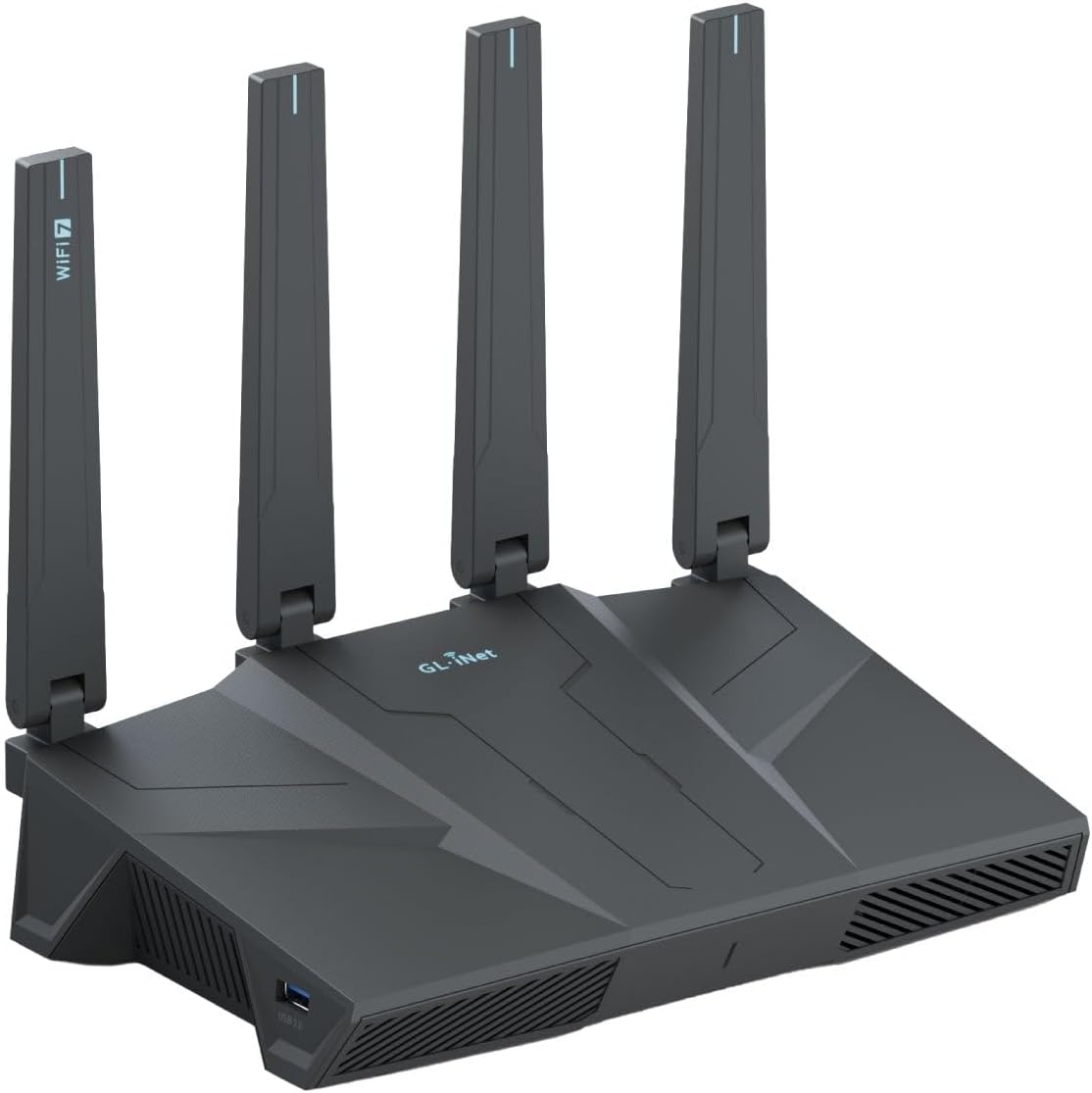 GL.iNet GL-BE6500 Flint 3e WiFi 7 Router front view showcasing its sleek black design and external antennas for high-speed wireless internet.