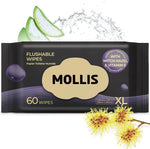 Mollis Witch Hazel Flushable Wipes front packaging view