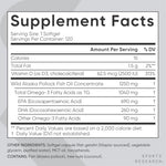 Supplement facts label showing 1040mg Omega 3 and 2500 IU Vitamin D3 per softgel serving