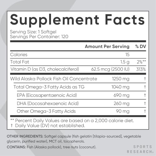 Supplement facts label showing 1040mg Omega 3 and 2500 IU Vitamin D3 per softgel serving