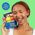 Close up of expressive squishy school supply plushies by Relatable.