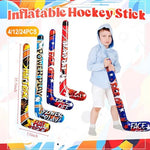 Four colorful blow up hockey sticks showcasing power play and slap shot designs