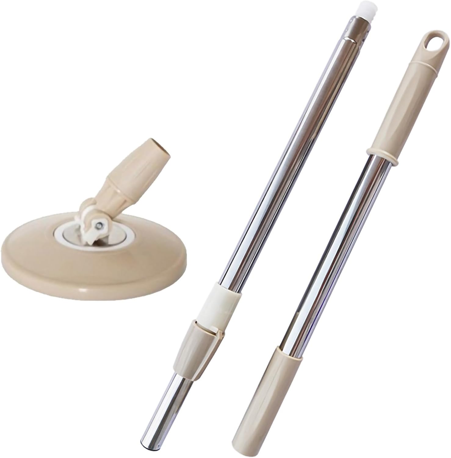 Midremer spin mop pole handle replacement front view showcasing the khaki telescopic stainless steel rods and plastic disc.