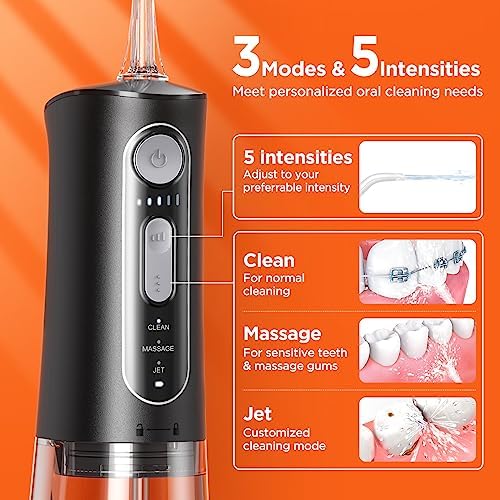 Cordless water flosser with 300ml water tank and adjustable pressure nozzles