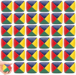 Four sided colorful leather matching throwing small balls scattered on a flat surface