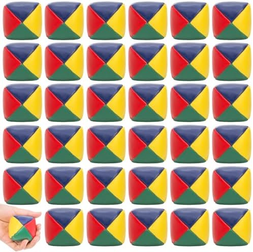 Four sided colorful leather matching throwing small balls scattered on a flat surface