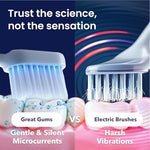 Great Gums silent electronic toothbrush demonstrating the zero vibration operation setup for braces and dental implants