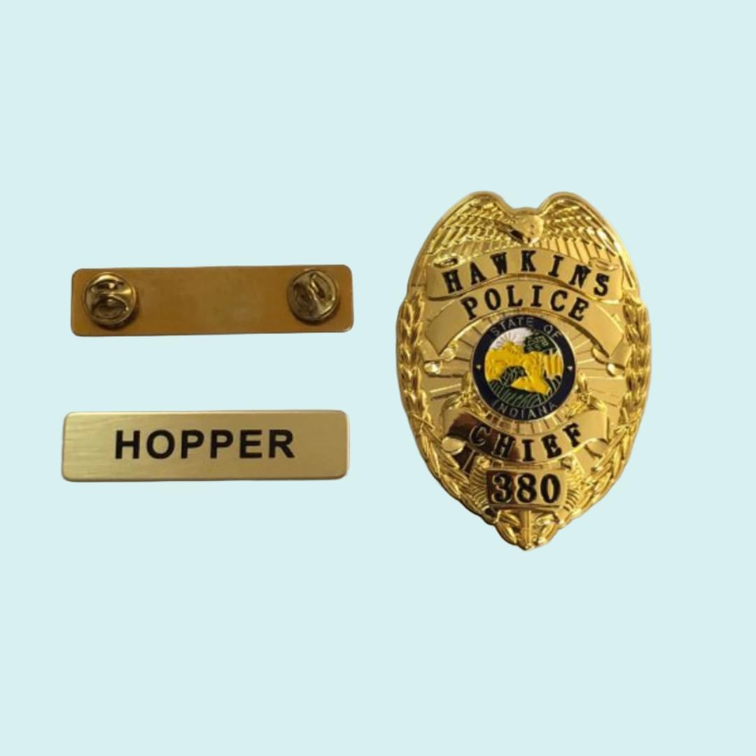 Bbnpr Hopper Badge front view showing the gold-colored metal Hawkins Police insignia.