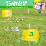 Person chipping golf ball into GoSports Yard Links bucket