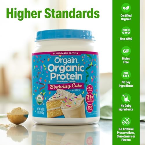 Orgain organic protein powder packaging with certifications visible