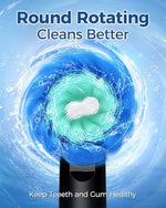 TEETHEORY power toothbrush displayed with eight included replacement brush heads for long term oral hygiene maintenance.