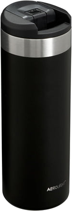 Black Stanley vacuum insulated coffee mug showing leak resistant locking mechanism