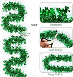 Regteb fifty foot metallic clover decoration close up showing shiny green foil leaves and flexible wire texture.