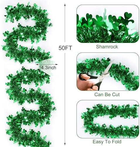 Regteb fifty foot metallic clover decoration close up showing shiny green foil leaves and flexible wire texture.