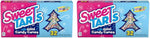 Close up of tri color mini holiday candy canes by SweeTARTS on a snowy background