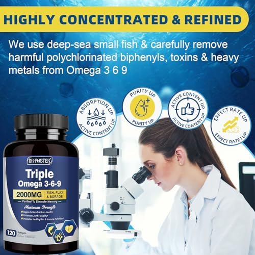 DRFOSTER 120 softgel capsules bottle of Triple Omega 3 6 9 highlighting brain and joint benefits
