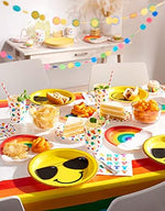 Close up of vibrant rainbow and cloud design on party plates