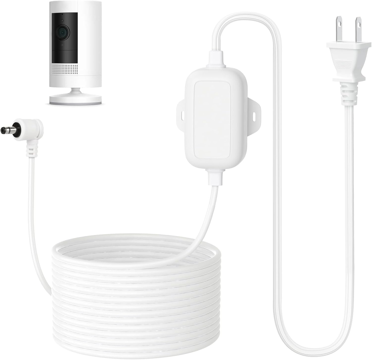 ALERTCAM outdoor power adapter front view showing white plug and premium charging cable