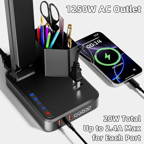 Cozoo charging station lamp showing close-up of three USB ports and AC power outlet
