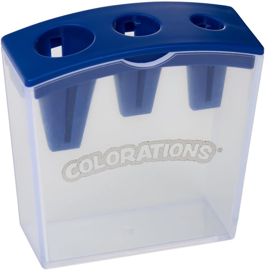 Colorations Universal Crayon Sharpener front view featuring the blue three hole lid and transparent base