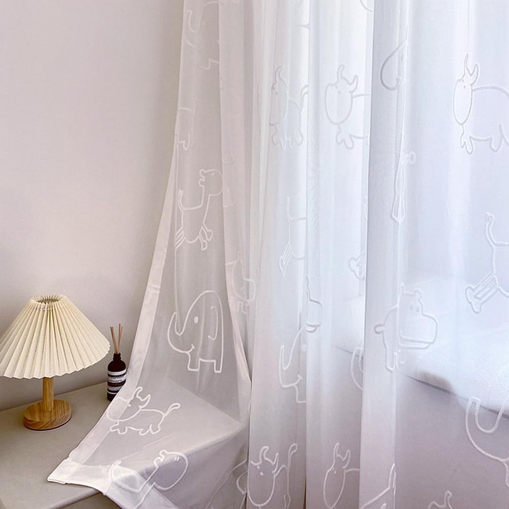 AiFMQQ cartoon 3D animals sheer curtains white front view installed on a wooden window rod