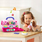 VTech educational puppy carrier handle close up illustrating its portable travel design.