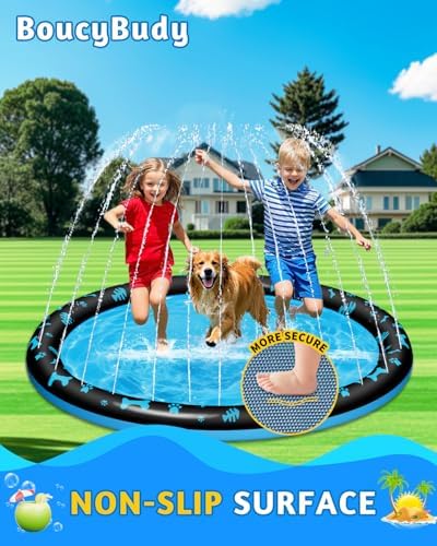 Toddlers and pets playing together safely inside the textured anti slip backyard fountain pool