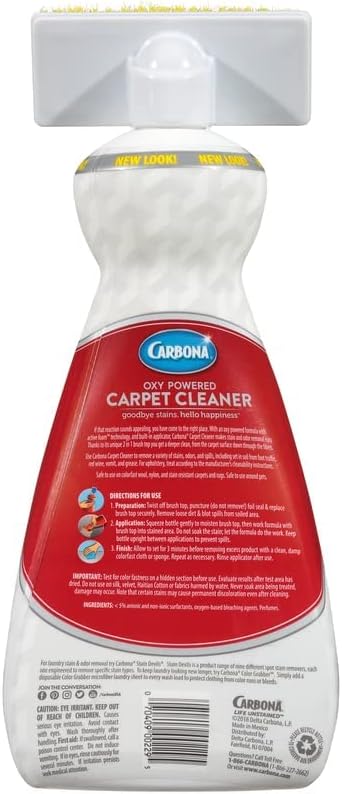 Carbona 27.5 fluid ounce carpet cleaner bottle showing usage instructions.