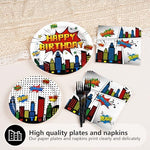 Action sign dessert plates for superhero birthday theme