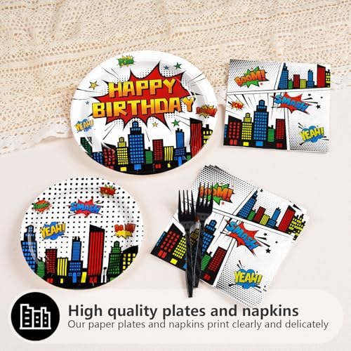 Action sign dessert plates for superhero birthday theme