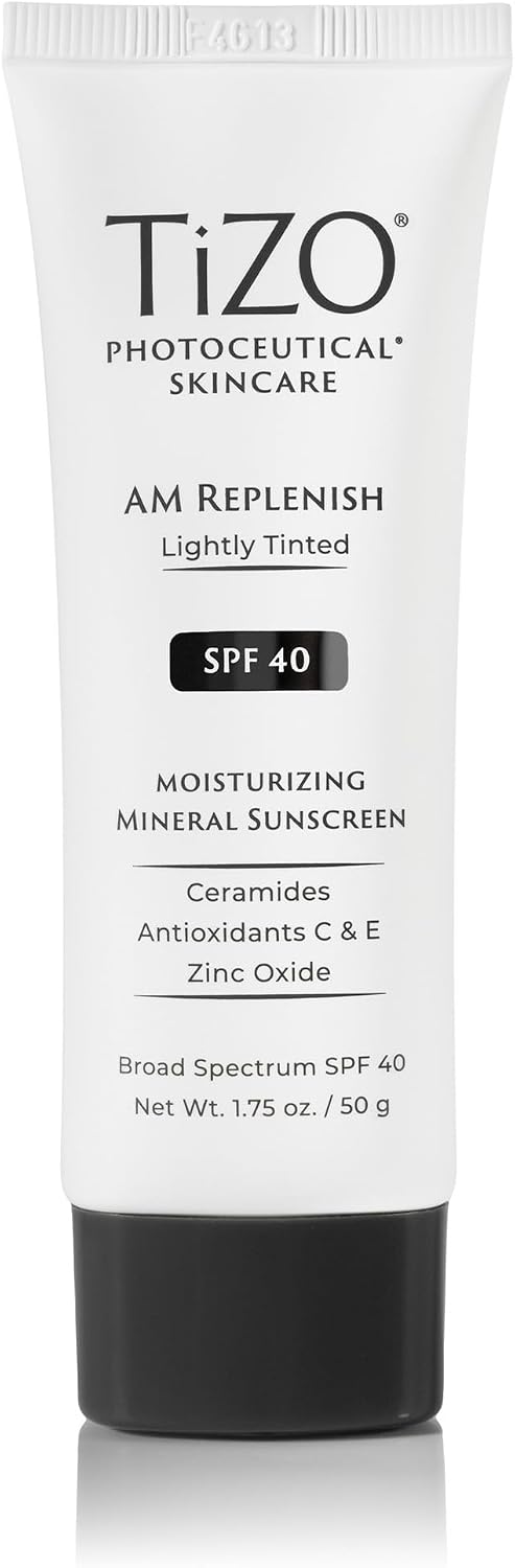 TIZO AM Replenish Lightly Tinted Mineral Sunscreen SPF 40 front packaging tube view