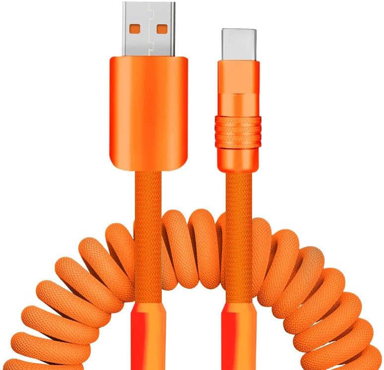 GentsStride curly chubby coiled usb c cable orange front view fast charging cord