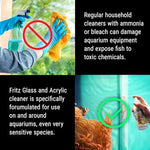 Streak free and drip free aquarium cleaner for glass and acrylic surfaces.