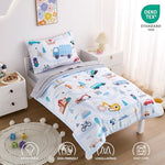 Premium vehicle cartoon toddler comforter and matching pillowcase highlighting the vibrant color palette.