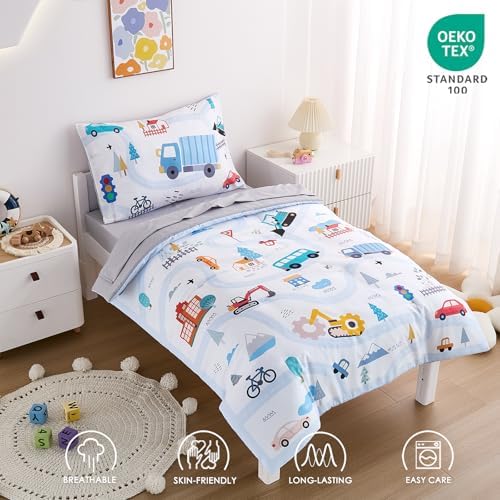 Premium vehicle cartoon toddler comforter and matching pillowcase highlighting the vibrant color palette.