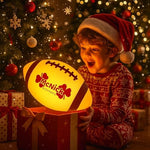 Close up view of the durable water resistant rubber texture and premium seams of the MCNICK & COMPANY glowing football.