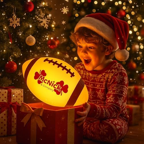 Close up view of the durable water resistant rubber texture and premium seams of the MCNICK & COMPANY glowing football.