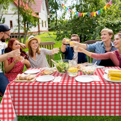Disposable red plaid tablecloths for outdoor picnic setup
