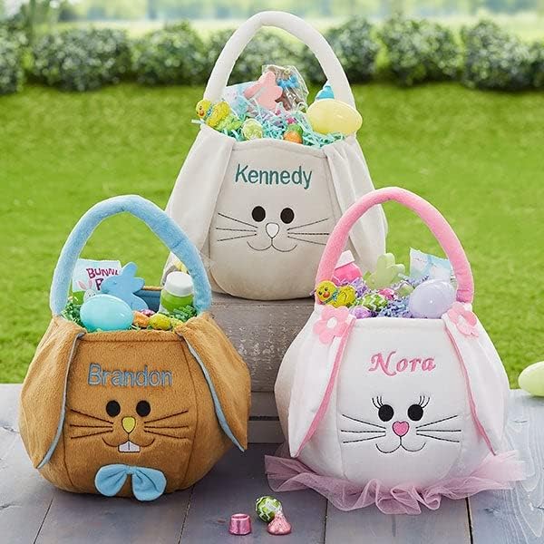 Side angle of the reusable pink polyester bunny basket showing the sturdy fabric handle and generous diameter size.
