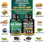 Bualle dietary supplement twin pack showing organic Irish sea moss and extra strength shilajit packaging.