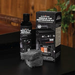 Close up view of the eight ounce liquid griddle restorer bottle detailing product usage instructions and warnings.