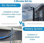 Vantic Trampoline Sprinkler installed on a backyard trampoline pole spraying water three hundred sixty degrees.